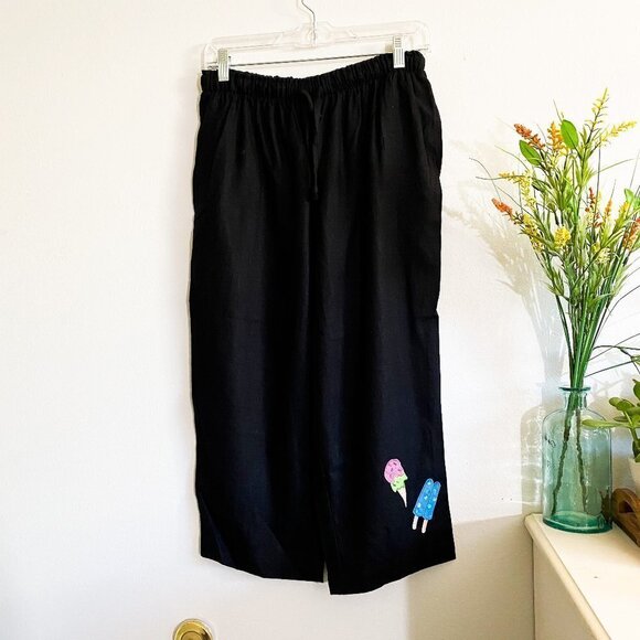 🦋 VINTAGE Linen Black Casual Pants Ice Cream Medium - Picture 1 of 4